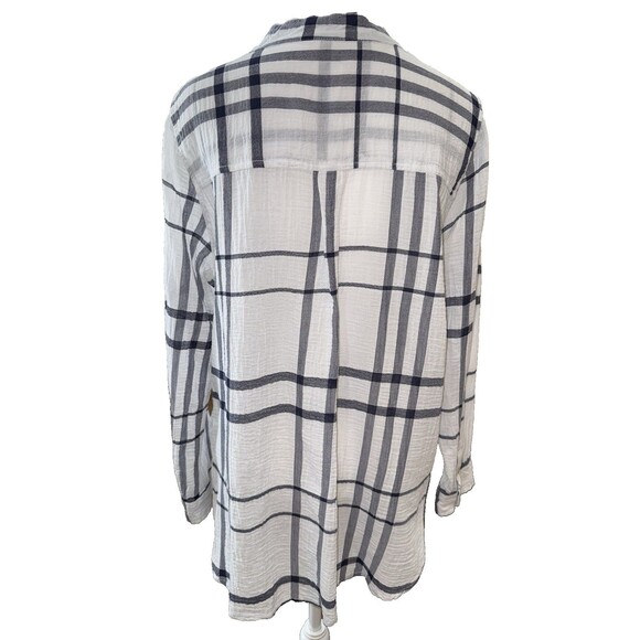 Liverpool Blue White Plaid Split Neck Long Sleeve Lightweight Blouse Size L - Picture 6 of 16
